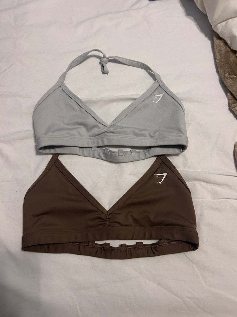 Gymshark Triangle Bralettes in Light Gray and Brown (2)